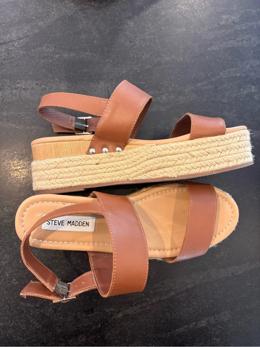 Steve Madden Fifer Leather Espadrille Platform Sandals - Cognac Brown - Size 8.5